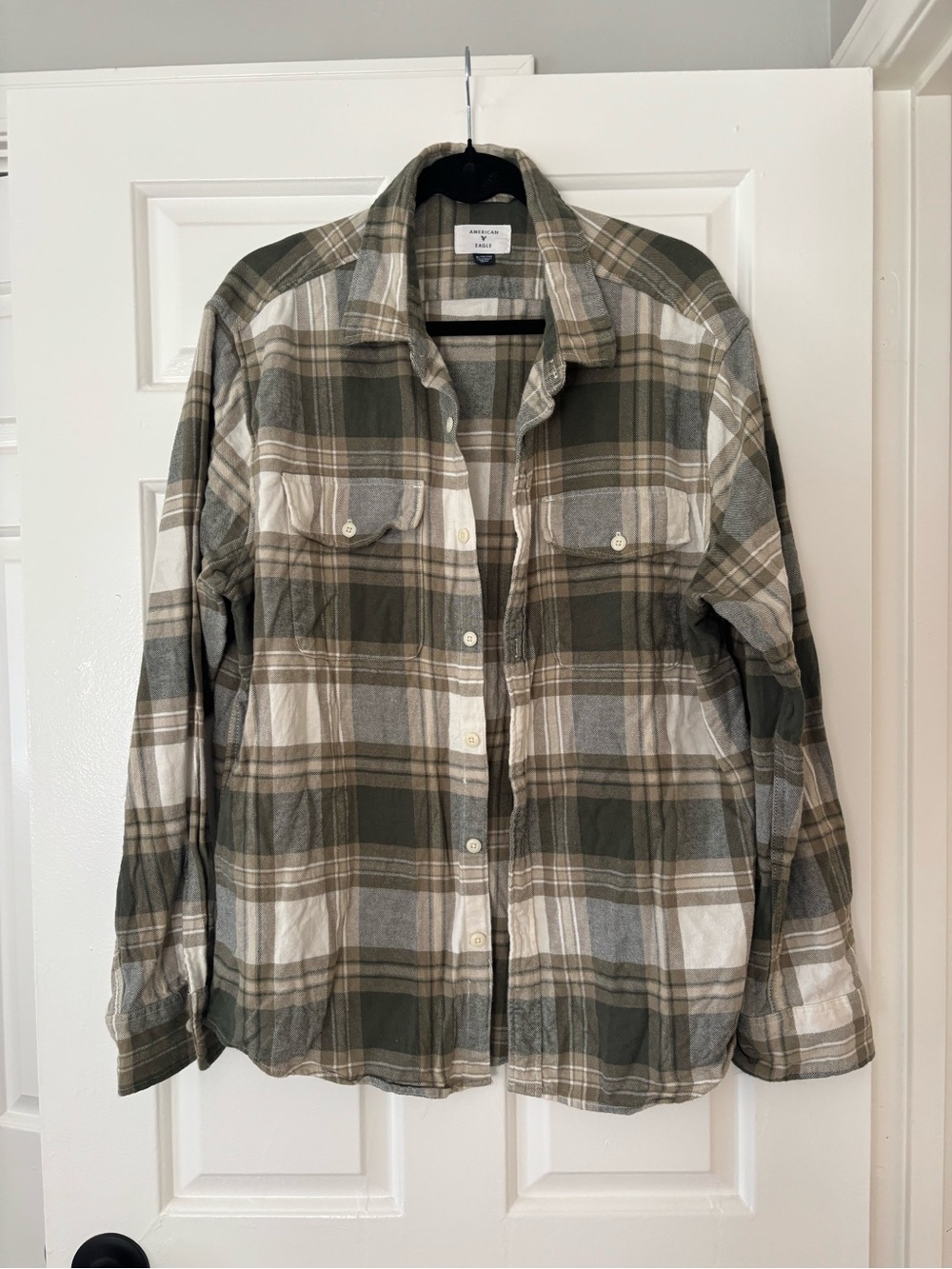 American Eagle Outfitters Olive Green & Cream Plaid Button-Down Shirt - Size XL